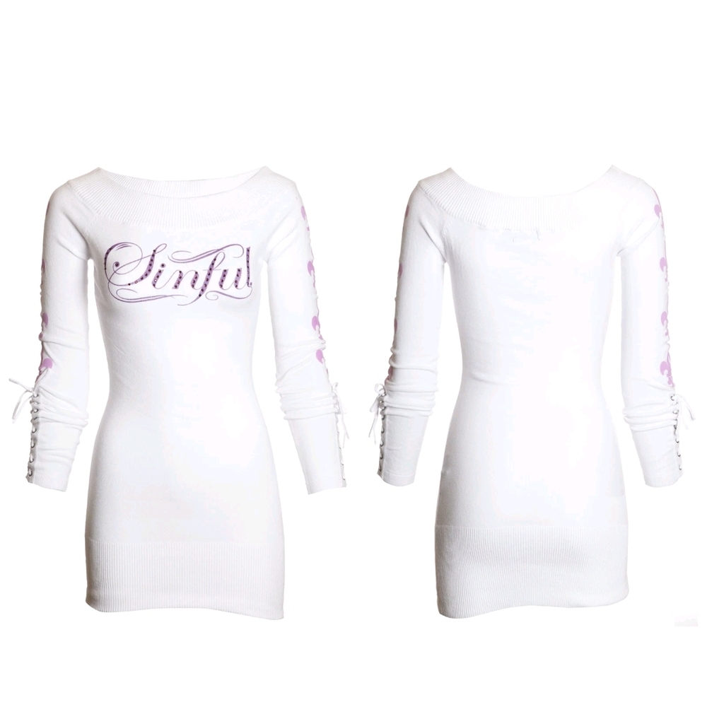 NWT White Sinful By Affliction Women's Dress With Lace-Up Cuff Sleeves. M